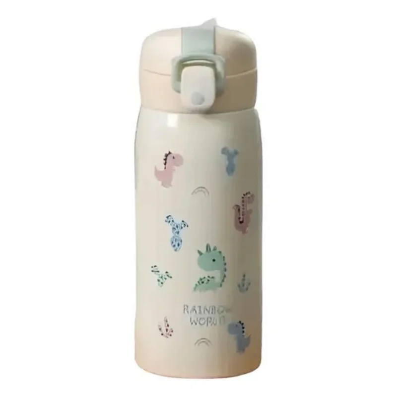 Garrafa Térmica Garrafinha Térmica Infantil Inox Canudo Trava 350 ml - Desenho dinossauro Coelho Carneiro Panda - TYDA (DINO VERDE CLARO)
