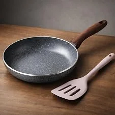 Frigideira Grande 24cm Revestimento Antiaderente Cerâmica Cabo de Madeira Moderna Durável Elegante Saudável - Ideal Para Indução, Fogao A Gás Ou Elétrico - Frita Sem Usar Oleo - Acompanha Espátula