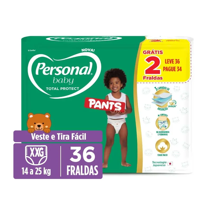 Fralda Personal Baby Total Protect Pants Super XXG, 36 unidades