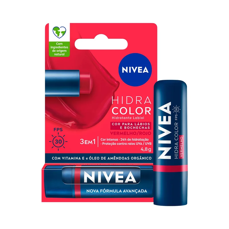 NIVEA Hidratante Labial Hidra Color 2 em 1 Vermelho 4,8g - Combina cor intensa e hidratação enriquecida com Manteiga de Karité, Óleo de Amêndoas orgânico e Vitamina E