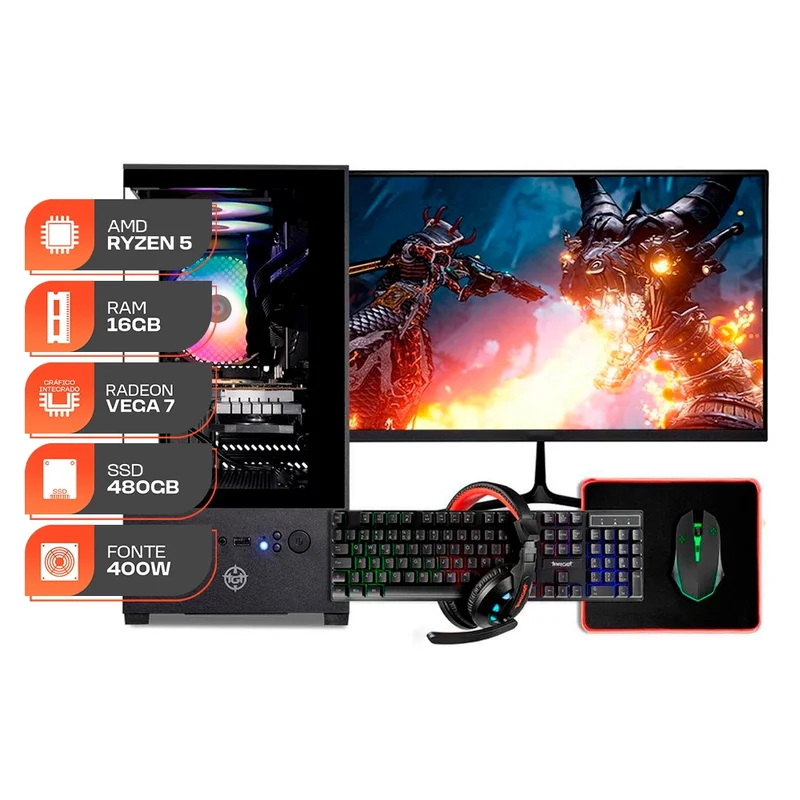 PC Gamer Forge, AMD RYZEN 5 5600GT, 16GB DDR4, SSD 480GB, 400W 80 Plus, Completo com Monitor 21 e Periféricos