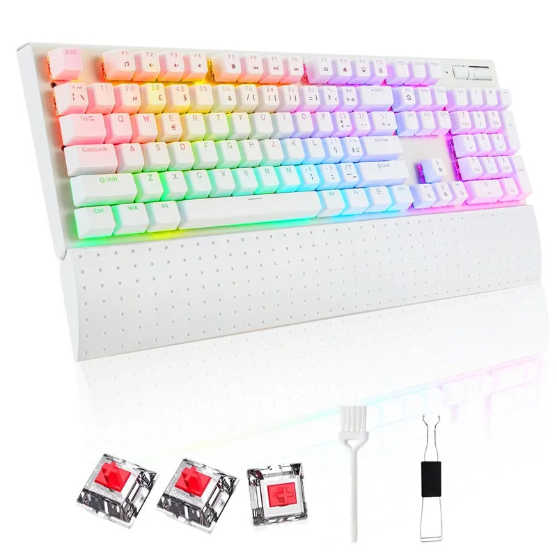 Teclado Mecânico com Iluminação LED RGB, Layout ANBT 2, Apoio de Pulso Magnético Removível, Teclado que Suporta Hot-swap de Soquetes,Switch Vermelho, Conexão USB (Branco)