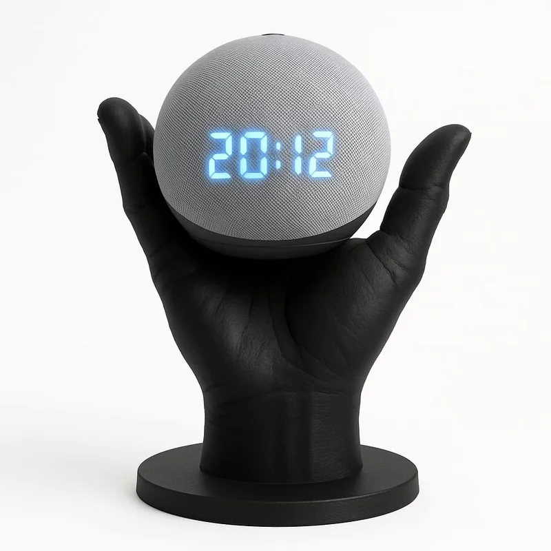 Suporte Mão 3D para Echo Dot 4 e 5 com Relógio, Base Decorativa Alexa, Preto ou Branco, Suporte de Mesa, Organizador Echodot (Preto)