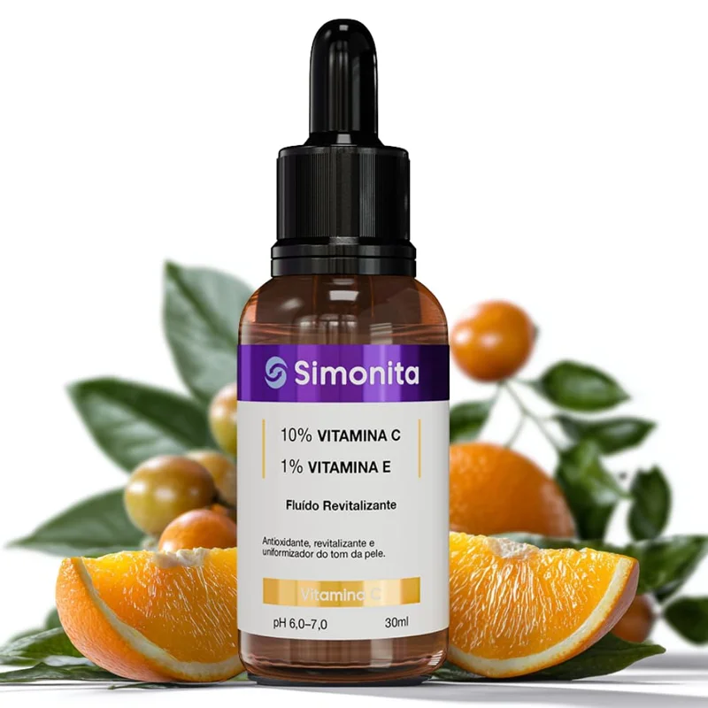 Sérum Vitamina C 10% Facial com Vitamina E 1% SIMONITA 30ml Oil Free Antioxidante Hidratante Uniformiza Tom da Pele Rápida Absorção Uso Diário