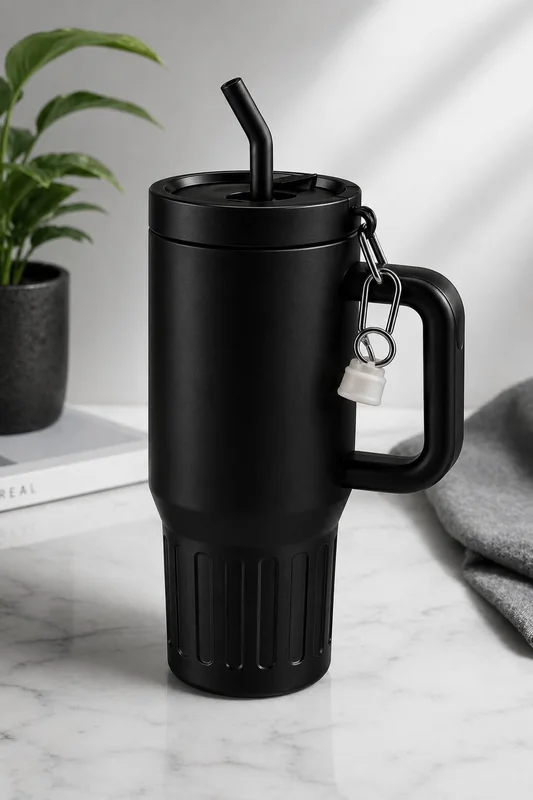 Copo Térmico Inox 1200ml com Canudo e Tampa Anti Vazamento, Parede Dupla, Mantém Gelado e Quente, Garrafa Térmica Grande com Alça, Compatível Porta Copos Carro
