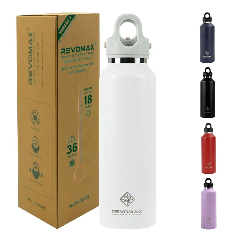 Revomax Garrafa Térmica Desportiva de Vácuo em Aço Inoxidável, Copos Portátil para Viagem 950ml (Branco)