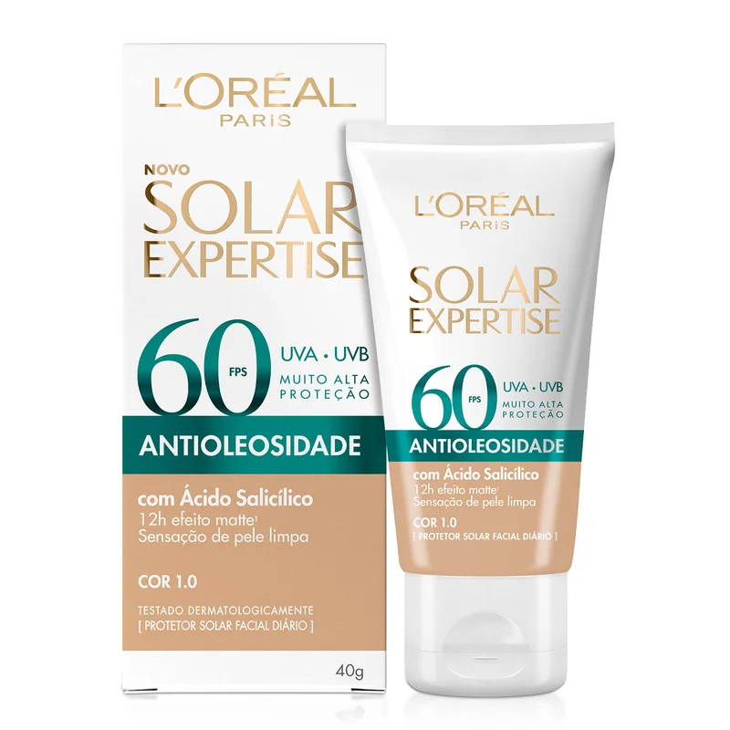 L'Oréal Paris Solar Expertise Antioleosidade, Protetor Solar Facial com FPS 60, 12h de Efeito Matte com Ácido Salicílico, Cor 1.0, 40g