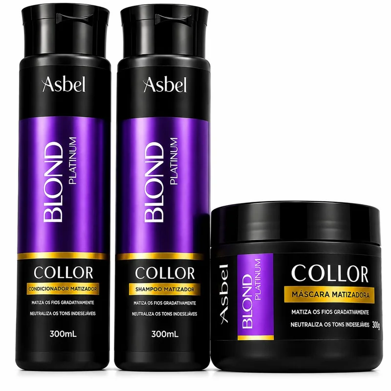 Asbel Kit Blond Platinum Shampoo Condicionador Máscara 300g | Efeito Platinado, Shampoo 300ml, Condicionador 300ml, Máscara 300g