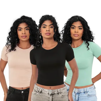 KIT 3: Baby Tee Feminina - Blusa Slim Fit Manga Curta - Blusa de Compressão