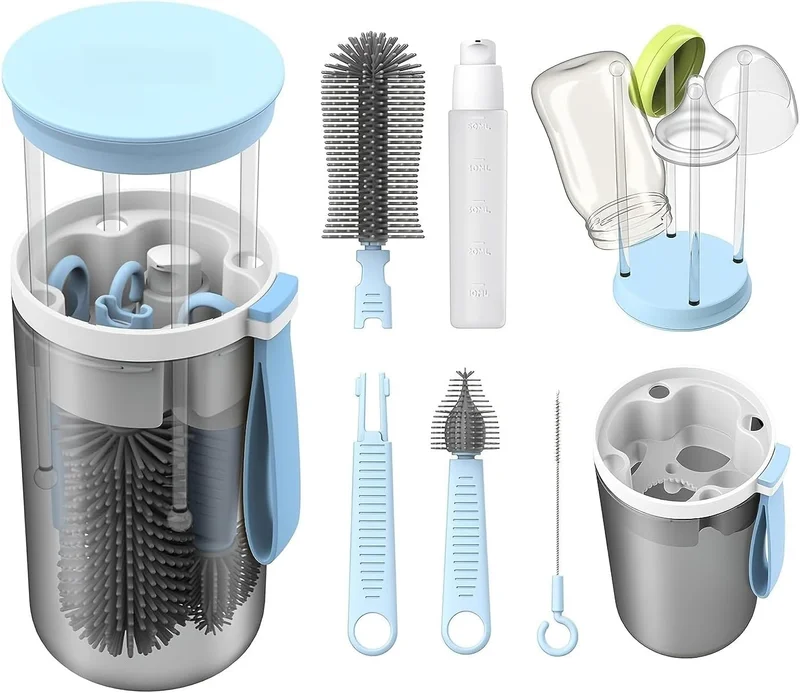 GODREAM Kit Escova de Mamadeira Portatil 6 em 1, Kit Limpador de Mamadeira, com Escova de Silicone para Lavar e Limpeza Mamadeiras, Ideal para Casa, Viagem e Camping (Azul)