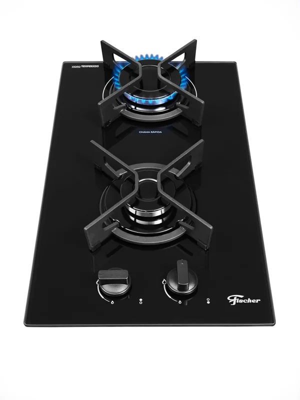 FISCHER COOKTOP À GÁS 2 BOCAS FIT LINE TREMPE IRON MESA VIDRO PRETO BIVOLT 36305-102669