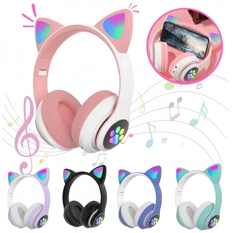 Fone de Ouvido Bluetooth Headband Orelha de Gato com LED Dobrável Sem Fio Estilo Gamer