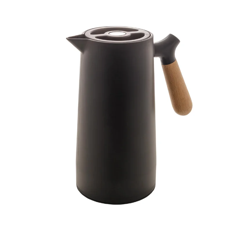 WOLFF - Garrafa Térmica de Plástico com Cabo de Madeira Nórdica 1L Preta - Mesa Posta - Itens Para Casa - Utensílios de Cozinha - Perfeita Para Café e Chá