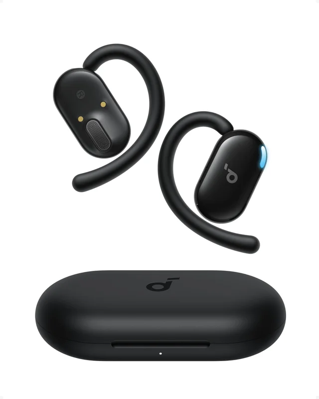 soundcore V20i da Anker, Fone de Ouvido Bluetooth 5.4 aberto e esportivo, Luzes Led com sincronização de música, Ganchos ajustáveis, Ultraconfortáveis, Encaixe perfeito, IP55, 36H de reprodução, Preto
