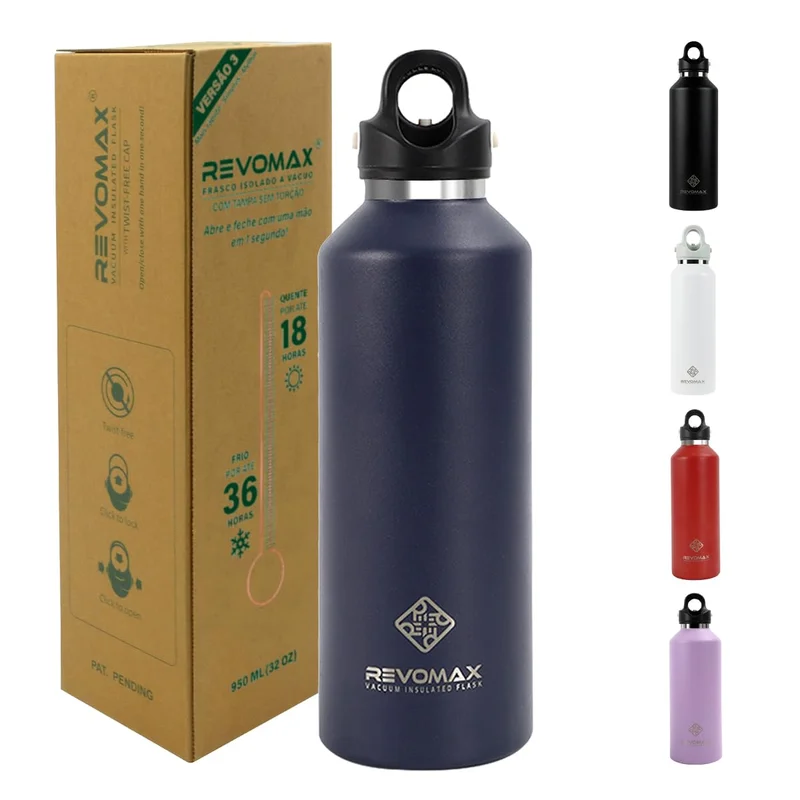 Revomax Garrafa Térmica Desportiva de Vácuo em Aço Inoxidável, Copos Portátil para Viagem 950ml (Azul)