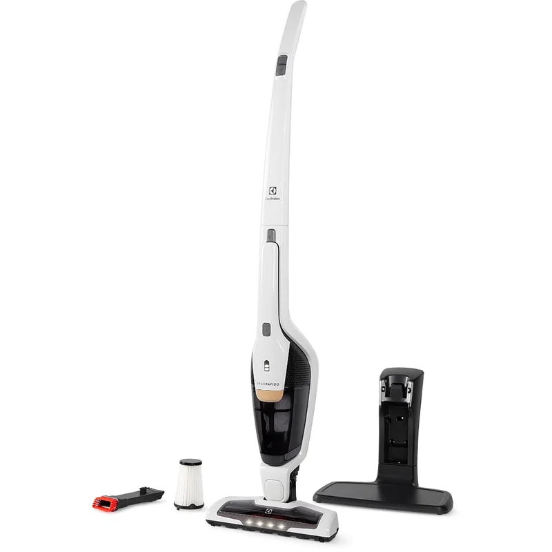 Aspirador de Pó vertical bateria Ergorapido 2 em 1 Electrolux 38 min base recarregamento luz frontal LED pedal limpeza facil da escova rotativa aspira escova capacidade 420Ml ERG25B Bivolt branco