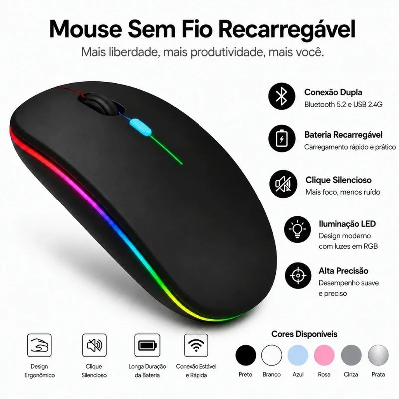 Mouse Sem Fio Recarregável Wireless LED RGB Silencioso Ergonômico PC Notebook Tablet Celular