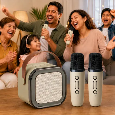 Karaokê Portátil Bluetooth com Duplo Microfone Sem Fio Caixa de Som LED