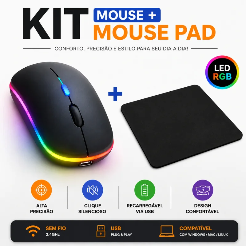 Kit Mouse Sem Fio Recarregavel Para Notebook Rgb + Mouse Pad