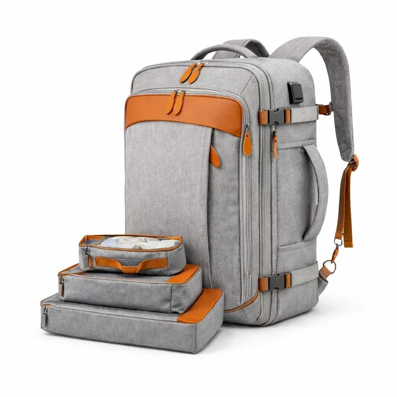 Mochila de Viagem Expansível 40L Impermeável com 3 Organizadores, Impermeável, Porta USB, para Notebook, Trabalho e Escola, Masculina, Feminina, Viagem Avião
