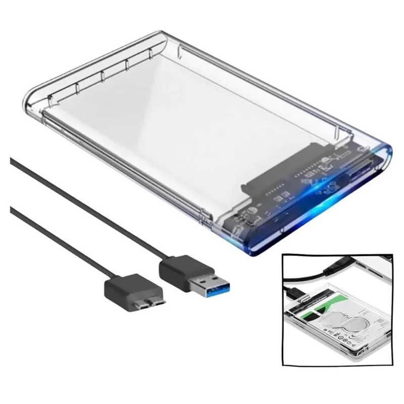 Case HD Externo USB 3.0 Transparente Para HD/SSD SATA 2,5" Gaveta Adaptador Portátil Notebook e PC
