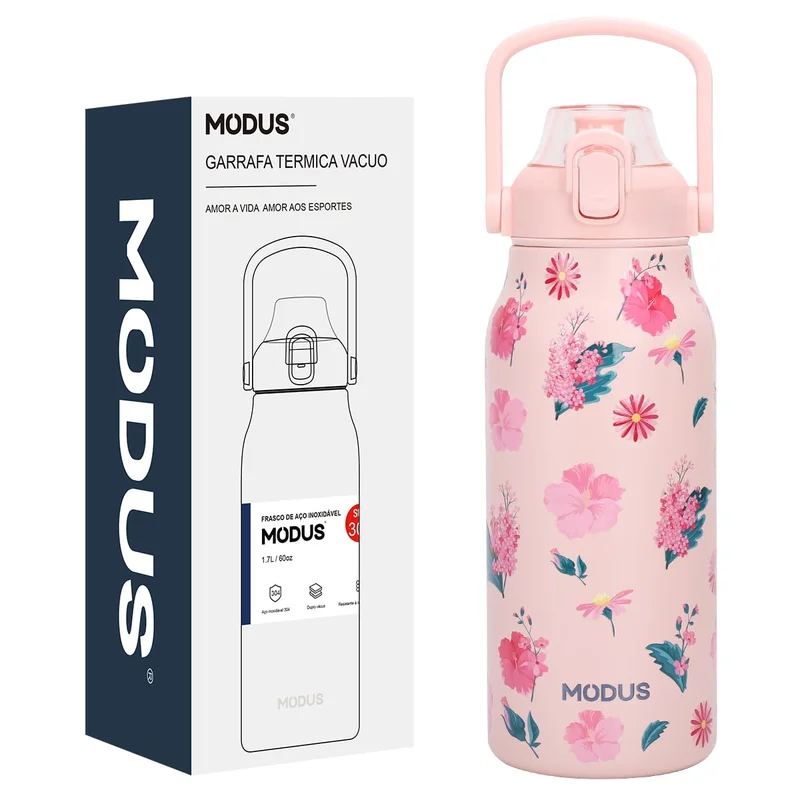 Garrafa Térmica de Aço Inox Dupla Parede 1,7 Litro Isolamento a Vácuo – Design com Estampa 3D em Relevo (Rosa Flores)