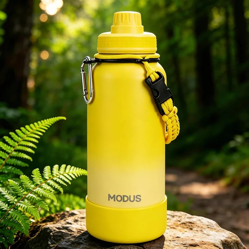 950ml Garrafa Térmica de Aço Inoxidável com Alça Paracord | Base Antiderrapante de Silicone – Mantém a Água Gelada por até 24 Horas Gradiente Amarelo