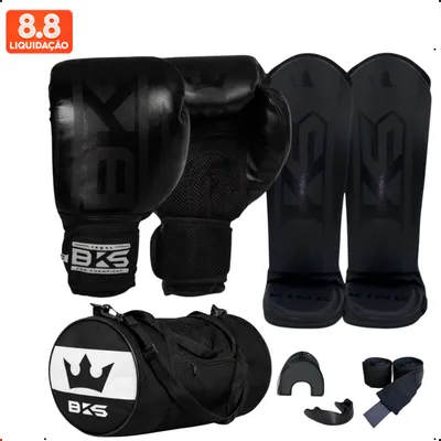 Kit Luva de Boxe Completo para Iniciantes - BKS Boxing - Muay Thai Kickboxing com Caneleira Bandagem Bucal e Bolsa