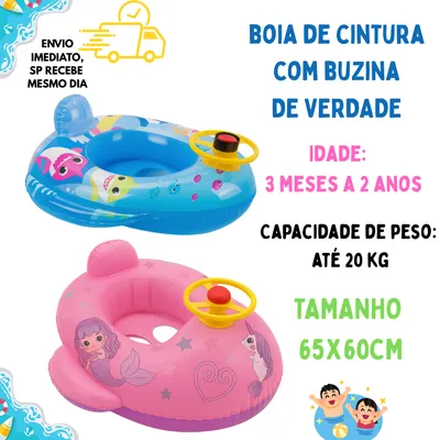 BOIA DE CINTURA BEBEZINHO AZUL E ROSA BOIA DE PEIXINHO COM BUZINA Infantil com Assento e Volante Modelo SEREIA UNICORN