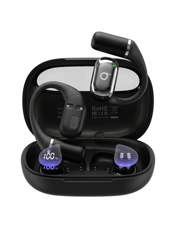 Basike Fone de Ouvido Bluetooth, Fone sem Fio OWS Bluetooth 6.0 com Tela LED, Bateria de 68h, ENC Cancelamento de Ruído, Áudio Estéreo, IPX6, Baixa Latência, Conexão Dupla de Dispositivos (Preto)