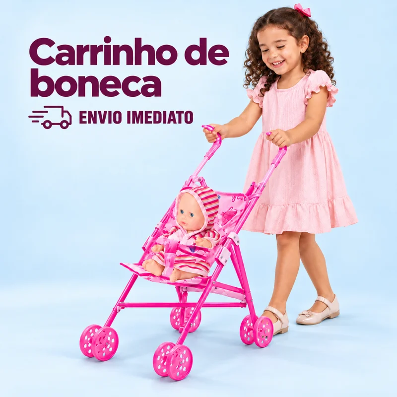 Carrinho de Boneca Infantil Rosa com Bebê Reborn Dobrável Leve Brinquedo Menina Passeio Divertido