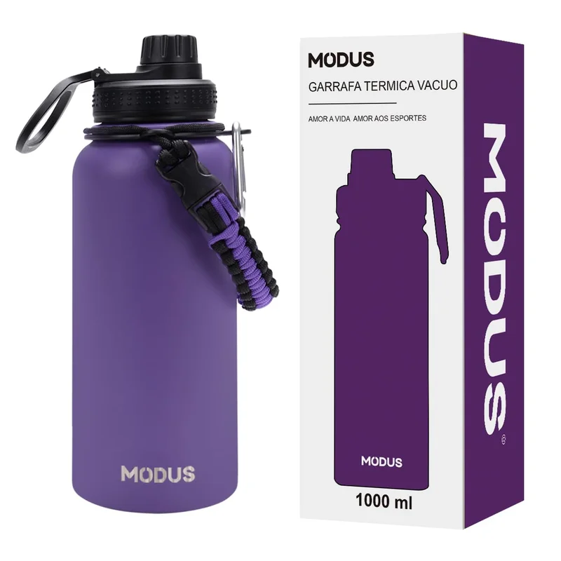 Garrafa Térmica De Aço Inoxidável 18/8 Isolado de água Esportiva Com Alça Paracord 950ML (Roxo)