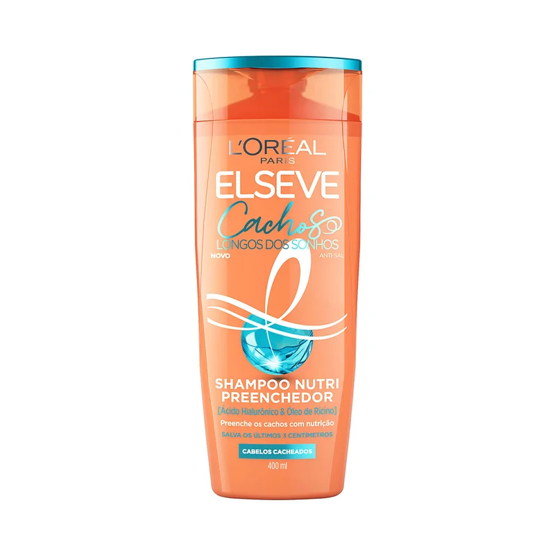Elseve Cachos Dos Sonhos Shampoo Nutri Preenchedor, Limpa e Nutre Profundamente para Cachos Longos, Fortes e Definidos, com Ácido Hialurônico e Óleo de Rícino, 400ml