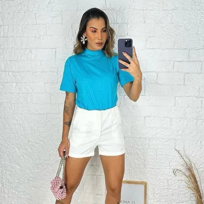 T- Shirt Blusa Gola Alta 100% Algodão Femenina