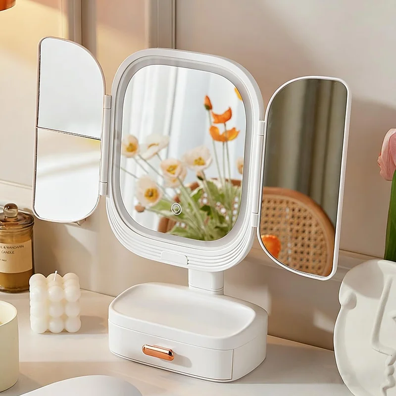 Espelho de Maquiagem Portátil com Iluminação e Ampliação 2x/3x, Dobrável com Gaveta para Joias, Ajuste de Tom de Luz e Toque Sensorial para Penteadeira (Branco)