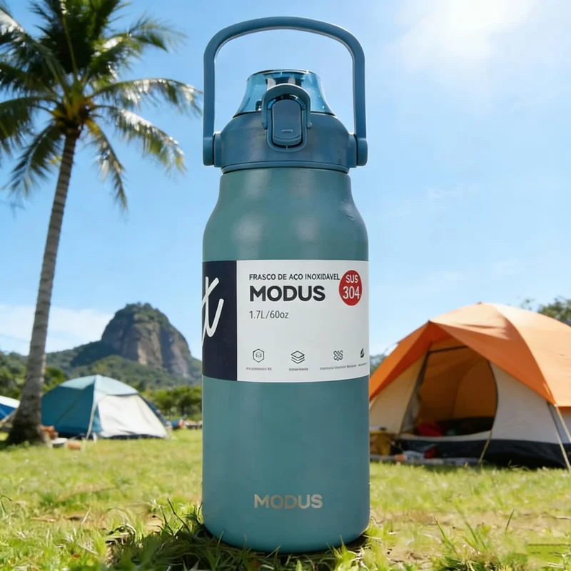 Garrafa Térmica de Aço Inoxidável 1700ml com Abertura por Pressão, Alça de Transporte e Base Antiderrapante de Silicone – Mantém a Água Gelada por até 24 Horas (Azul-esverdeado)