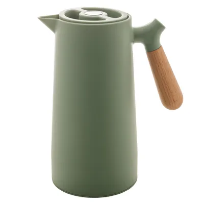 WOLFF - Garrafa Térmica de Plástico com Cabo de Madeira Nórdica 1L Verde - Mesa Posta - Itens Para Casa - Utensílios de Cozinha - Perfeita Para Café e Chá