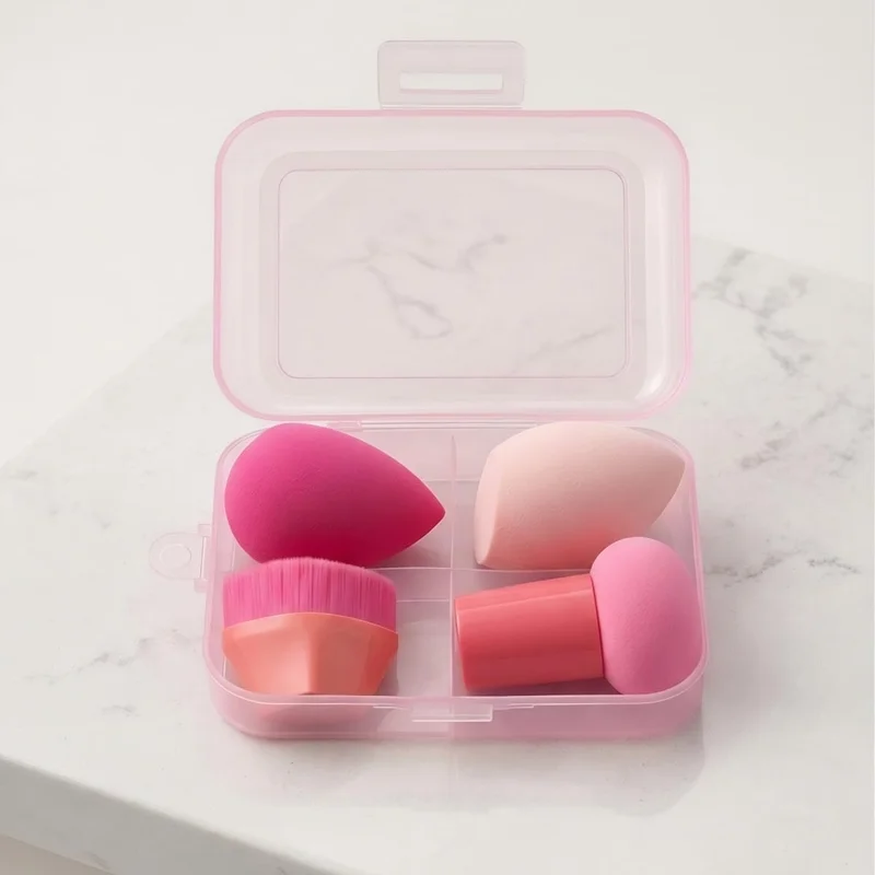 Kit Esponjas e Pincel Hexagonal para Maquiagem com ESTOJO – 1 Esponja Cogumelo/Pirulito, 1 Pincel Hexagonal, 2 Esponjas Gota – Profissional Para Base, Corretivo, Pó, Blush – Cores Sortidas (Rosa)