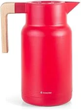 TERMOPRO Garrafa Termica 1 Litro Vermelha Wood Fashion Bule para Cafe Cha Suco com Ampola de Vidro Design Elegante Tampa Vedada e Cabo com Acabamento em Madeira
