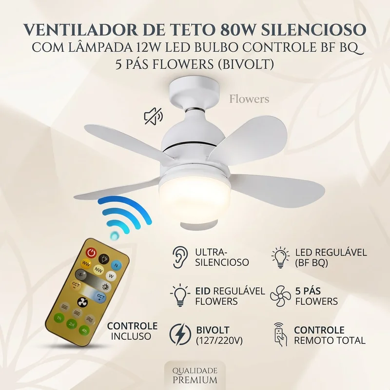 Ventilador de Teto 80w Silencioso com Lâmpada 12w Led Bulbo Controle BF BQ Bivolt 5 Pás Flowers
