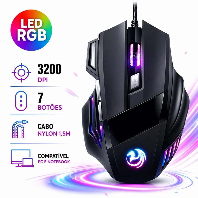 Mouse Gamer Laser 3200dpi 1400dpi Led Rgb Usb 7 Botões Fio USB 7D Extreme 7 Cores Profissional Original