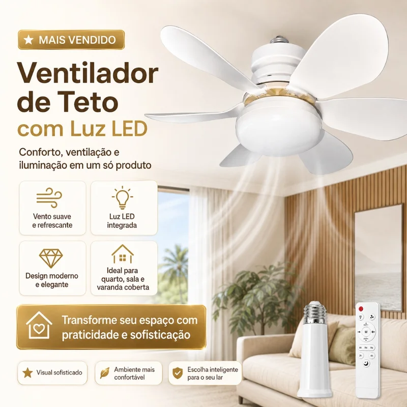 Ventilador 60w/80w de Teto Silencioso LED 3 Cores Bulbo 12w com Controle Bivolt 6 Pás Branco Potente