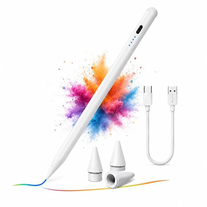 Caneta Stylus para Ipad, Branca, Pontas Substituíveis e Cabo USB