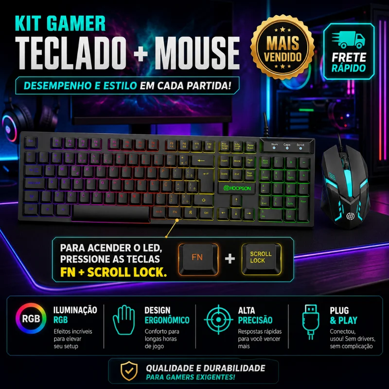Teclado e Mouse Kit Gamer semi mecanico RGB LED USB ABNT2 Profissional para PC Notebook