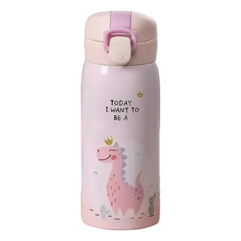 Garrafa Térmica Garrafinha Térmica Infantil Inox Canudo Trava 350 ml - Desenho dinossauro Coelho Carneiro Panda - TYDA (DINO ROSA)