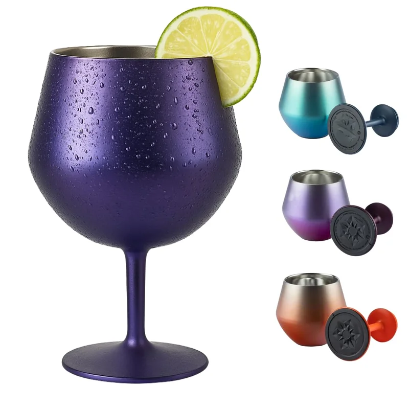 Taça Térmica Inox 2 em 1 Vinho Gin Drinks Cerveja 414ml Copo Térmico Haste Removível Aço Inoxidável Conserva Bebidas Geladas Isolamento Térmico Parede Dupla Cocktail Coquetel (ROXA)