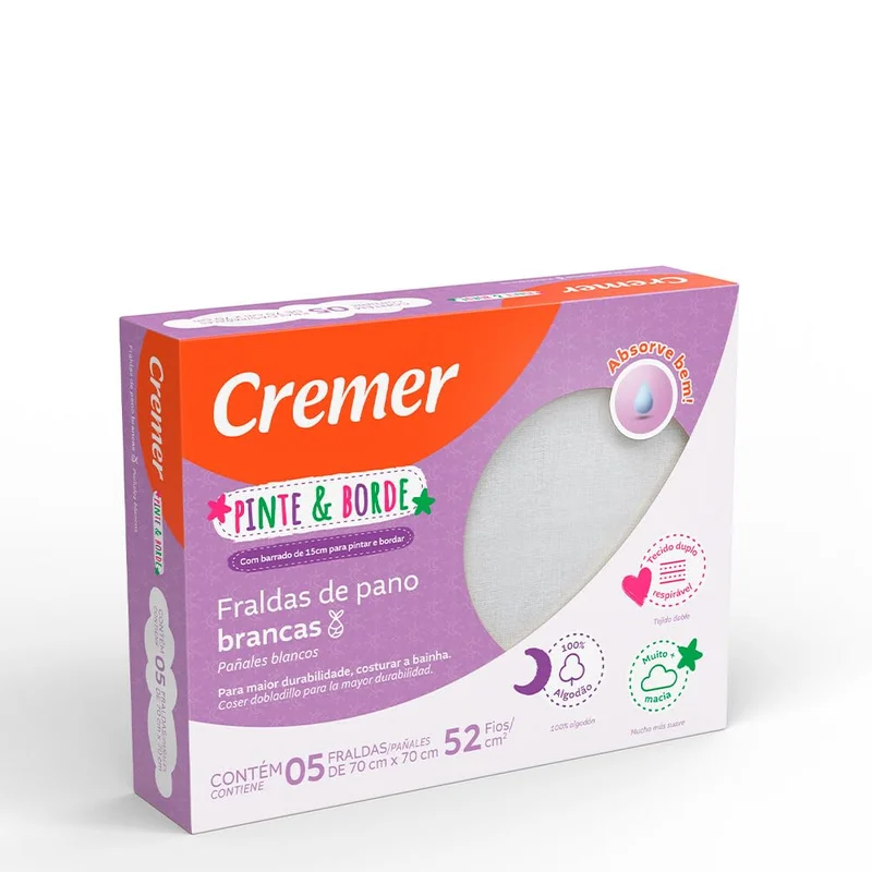 Fralda Pinte & Borde Branca PC com 5 Unidades, Cremer
