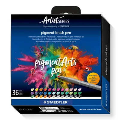 STAEDTLER Caneta Pincel Pigment Arts Pen 36 Cores Sortidas - 371 C36 - Tinta Pigmentada Permanente, À Prova d’Água com Alta Fidelidade de Cor