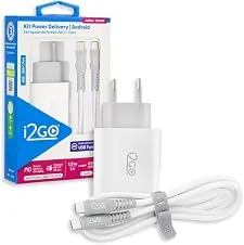 Kit Carregador de Parede Ultra Rápido com 1 Saída USB-C Power Delivery 20W + Cabo USB-C + USB-C I2GO 1,5m 3A Branco